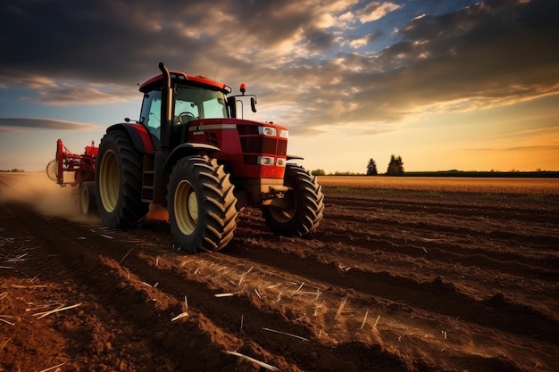 Tractor arando un campo al atardecer