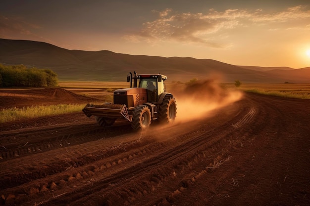 El tractor arando el campo al atardecer