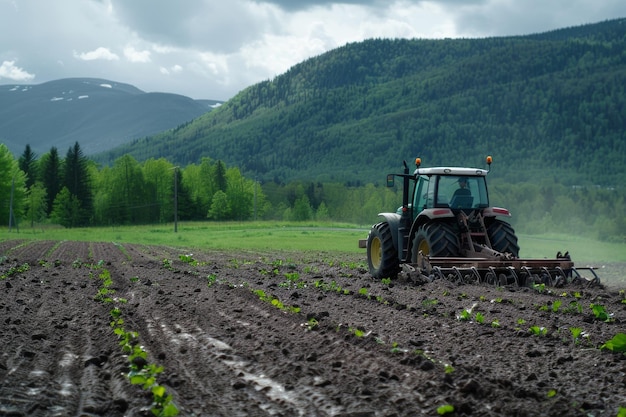 Tractor arando un campo con cultivos jóvenes contra un telón de fondo de montañas y bosques