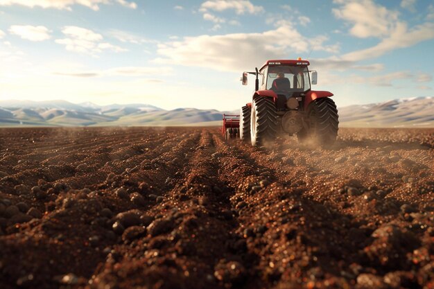 Tractor arando un campo de suelo rico en preparación