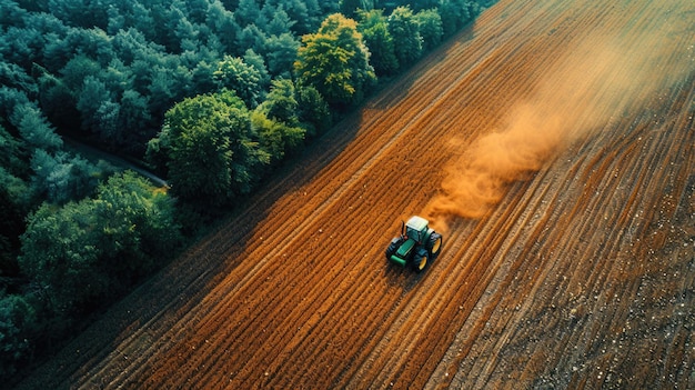 Un tractor arando el suelo en un campo vista aérea
