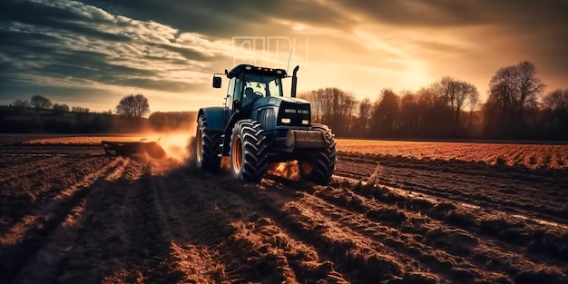 Tractor arando tractor arando en el campo de tierra al atardecer