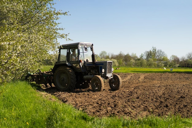 Foto el tractor atraviesa el campo y cultiva la tierra.