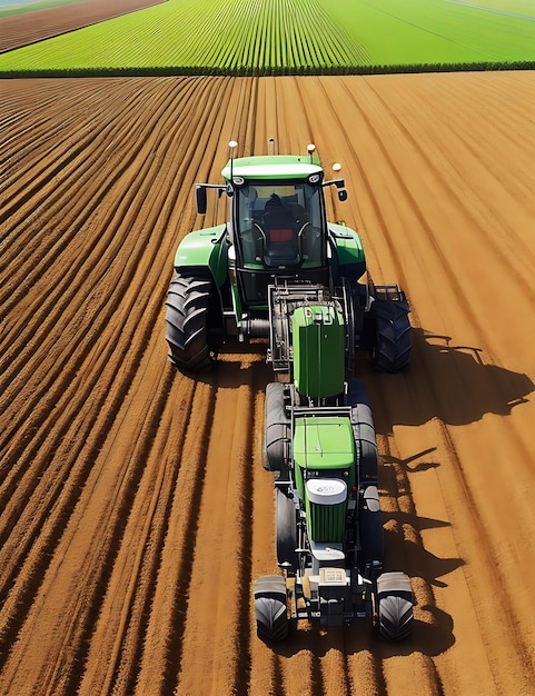 Un tractor atraviesa un campo verde con pesticidas en el campo de un granjero.