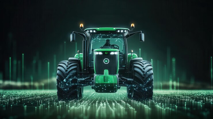 Tractor autónomo futurista en la granja inteligente con espacio de copia en el fondo tecnológico