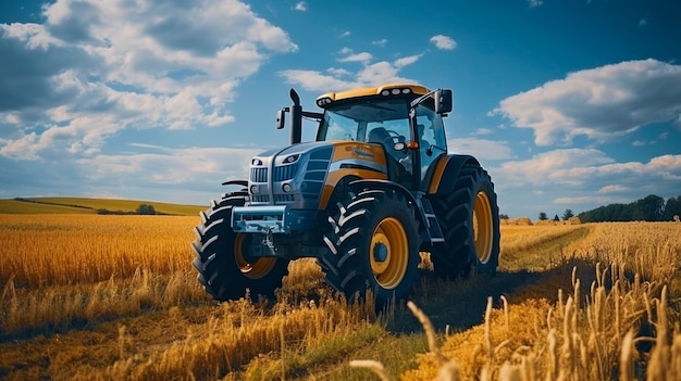 Tractor azul amarelo estacionado no campo de trigo num dia ensolarado