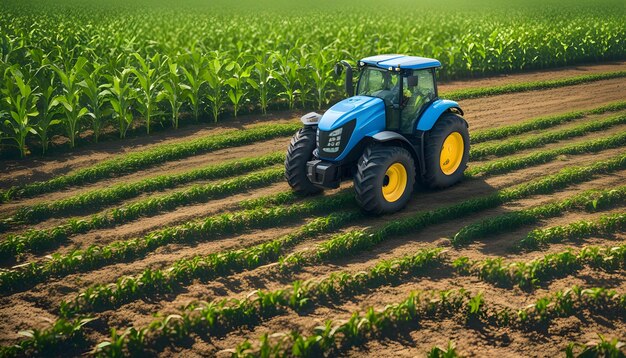 un tractor azul está en un campo de maíz