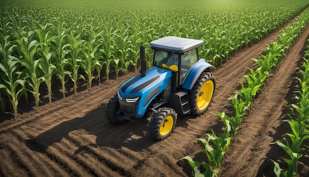 Foto un tractor azul está estacionado en un campo de maíz con una cubierta azul