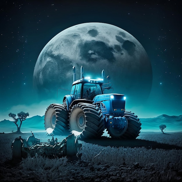 Un tractor azul con la luna al fondo.