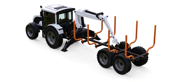 Tractor blanco con remolque para registro sobre un fondo blanco. Representación 3D.