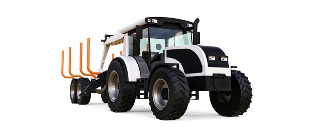 Tractor blanco con remolque para registro sobre un fondo blanco. Representación 3D.