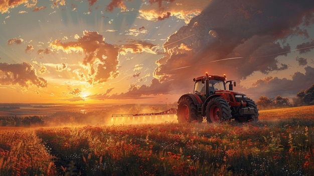 Tractor en el campo al atardecer