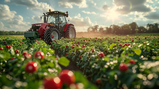 un tractor en un campo de cerezas con un cielo en el fondo