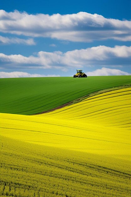 un tractor en un campo de flores amarillas