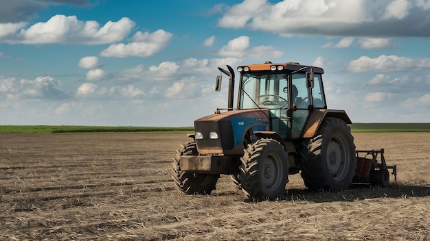 Un tractor en el campo en el fondo de la tierra no cultivada copia el espacio