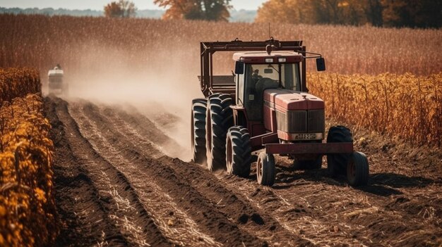 Un tractor en un campo de maíz.