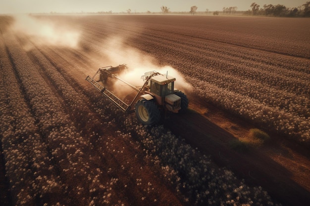 Un tractor en un campo con polvo volando en el aire.