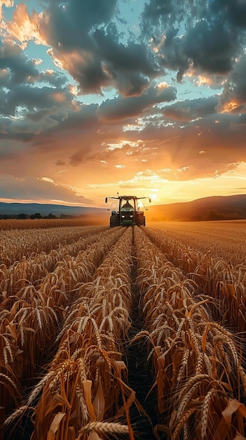 Tractor en un campo de trigo al atardecer