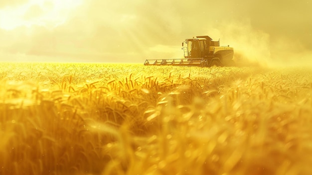 un tractor en un campo de trigo con el sol detrás de él