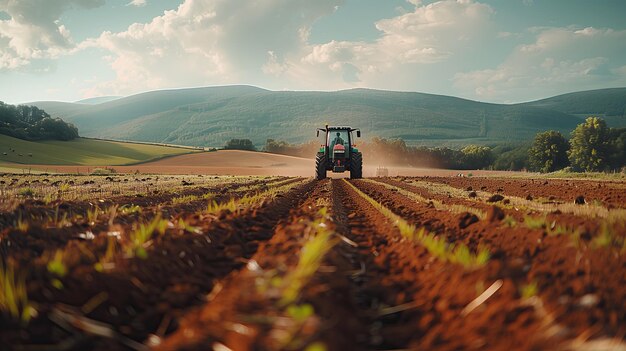 Foto tractor en el campo de trigo tractor en un campo de trigo