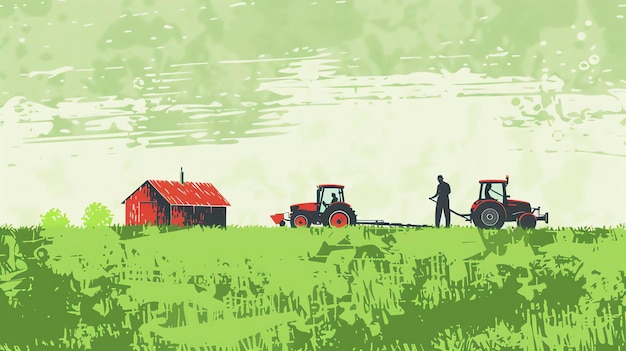 Tractor en un campo verde con un granero rojo en la distancia El tractor está arando el campo