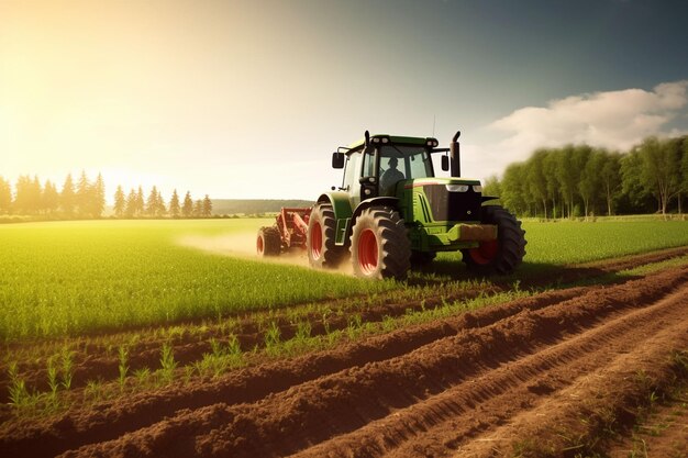 un tractor en un campo verde muy extenso