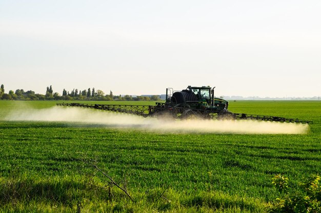 Foto tractor com a ajuda de um pulverizador pulveriza fertilizantes líquidos em trigo jovem no campo