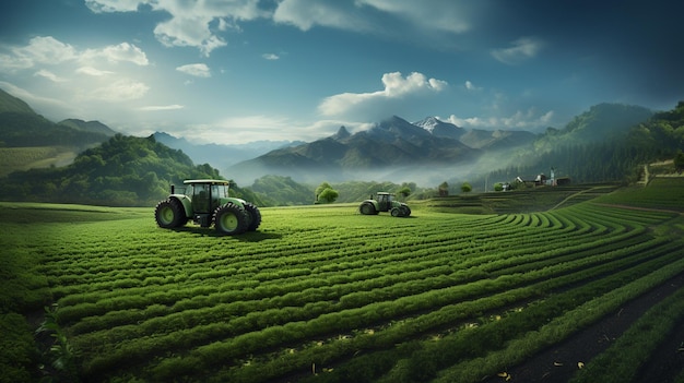 un tractor conduce por un campo de hierba verde.