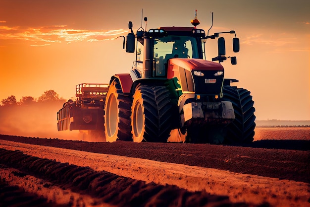 El tractor conduce a través de un campo grande haciendo camas especiales para sembrar semillas en suelo purificado El vehículo agrícola funciona al atardecer en el campo IA generativa