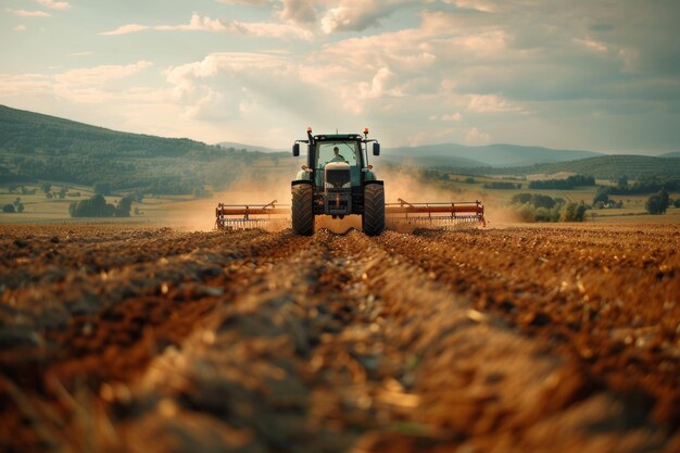 Foto tractor conduciendo por un camino de tierra