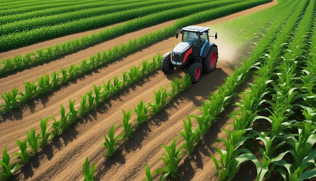 Foto un tractor está conduciendo a través de un campo de maíz