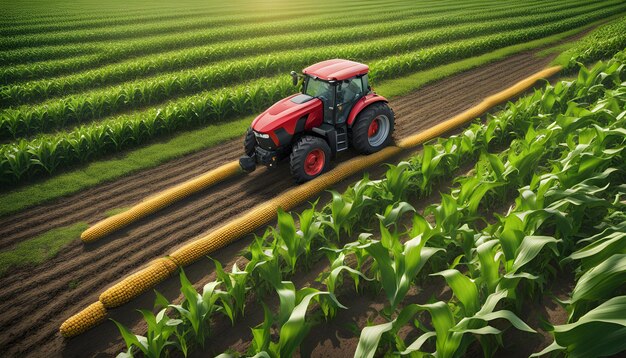 Foto un tractor está conduciendo a través de un campo de maíz