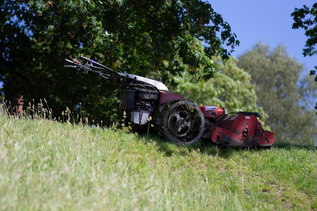 Tractor para cortar césped en el parque de verano