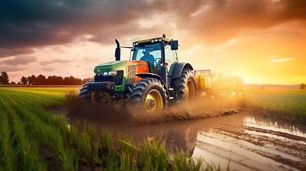 Un tractor durante la cosecha ilustración colorida IA generativa