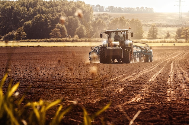 Foto tractor cosechando en el campo bajo el sol