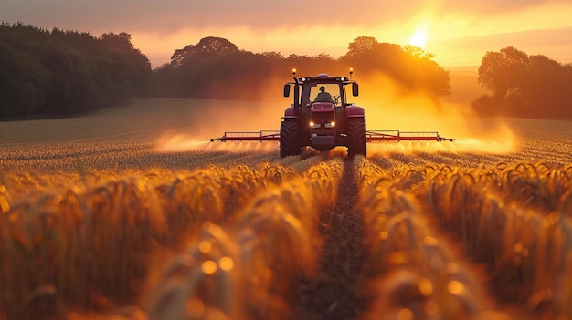 tractor de cultivo rociando un campo