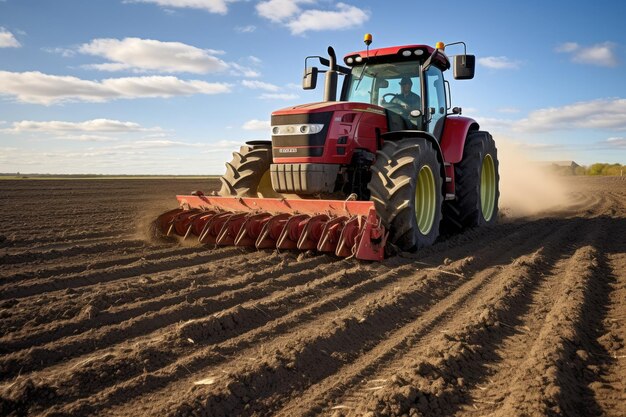 Foto tractor de preparação da terra para sementeira com um cultivador de leito de sementeira aplicação de estrume em terras agrícolas aráveis ai gerado