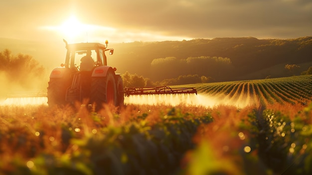 Tractor de pulverização de culturas a aplicar pesticidas em Far