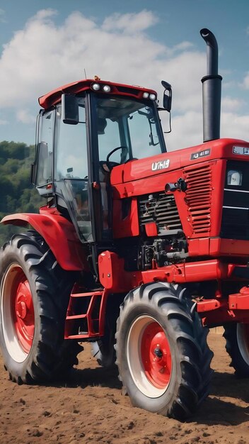 Tractor de rodas vermelho moderno isolado em fundo brilhante com céu