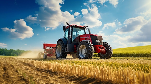 Tractor en un día soleado en un campo de cultivo