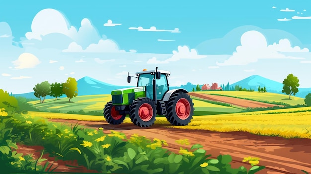 tractor de dibujos animados en un camino agrícola con campos y árboles ai generativo