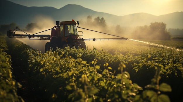 tractor em um campo verde ao pôr-do-sol