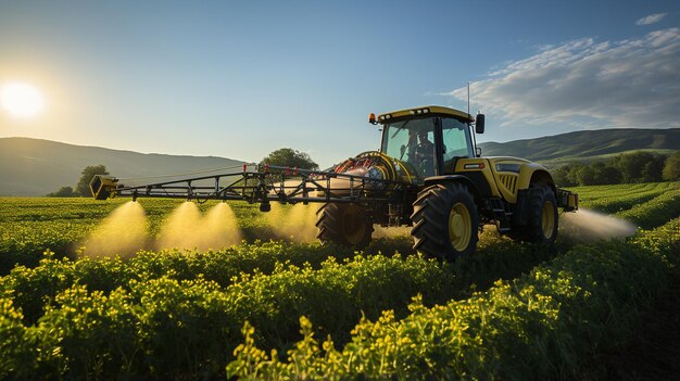 Foto tractor em um campo verde ao pôr-do-sol