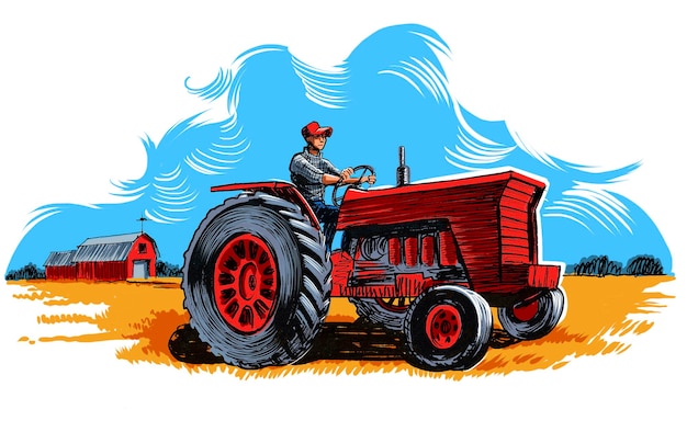 Tractor de época en el campo Ilustración dibujada a mano