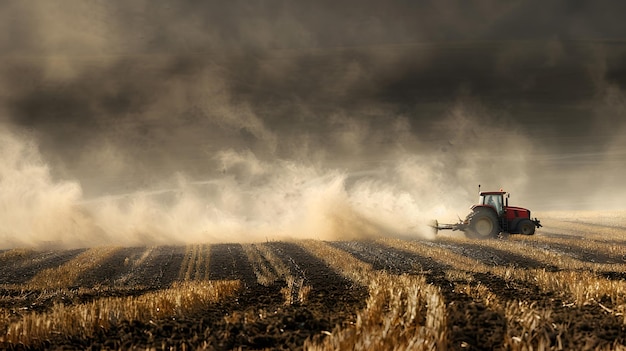 Un tractor está arando un campo con un cielo nublado en el fondo