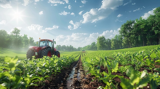 un tractor está en el campo y es arado por un campo de cultivos