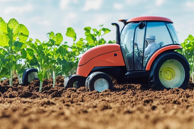 Un tractor está en un campo con un hombre que lo conduce.