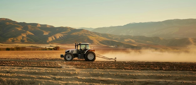 un tractor está en un campo con las montañas en el fondo