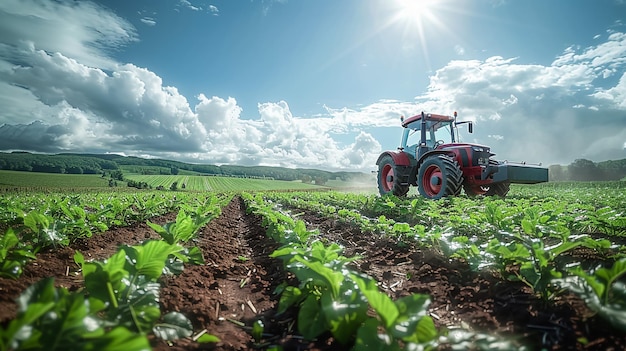 un tractor está en un campo con el sol brillando en el cielo