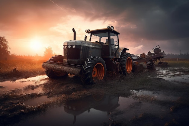 Un tractor está estacionado en un campo bastante embarrado.